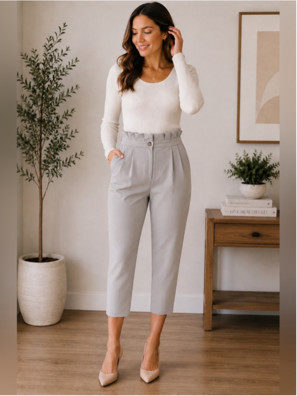 Good Luck Gem High-Rise Paperbag Cropped Trousers - Light Gray Size M Neutral